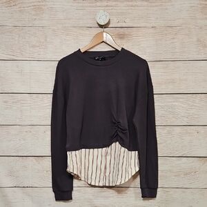 NWT On 12th Women's Gray Cream Red Stripe Long Sleeve Blouse Top Medium